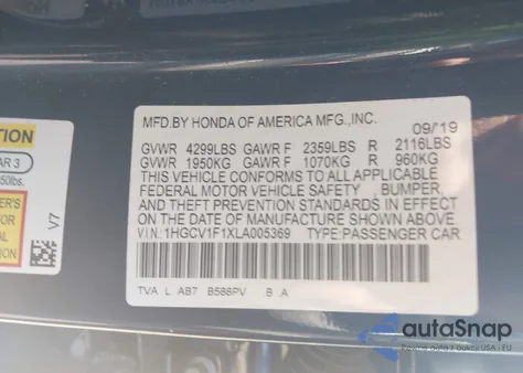 2020 Honda Accord Lx из США, поврежденный, VIN 1HGCV1F1XLA005369